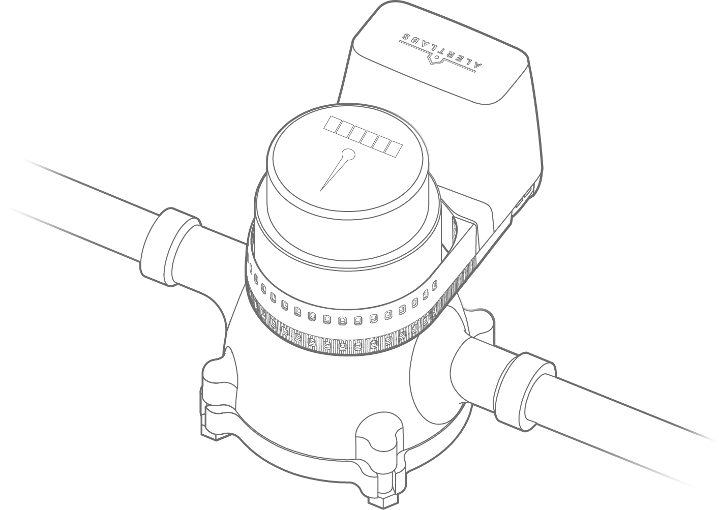 Sensor relay with arrow pointing to LED light on the top middle of device