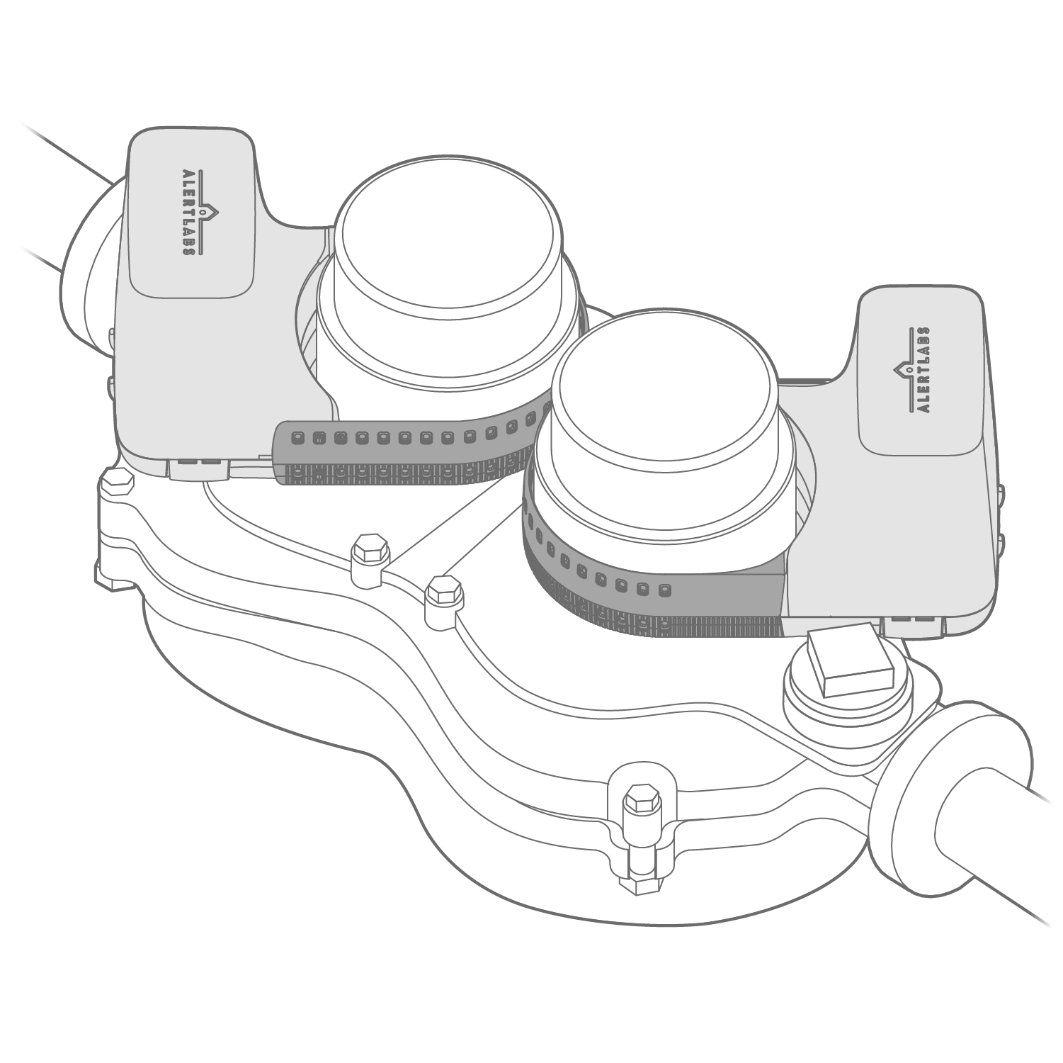 Sensor relay with arrow pointing to LED light on the top middle of device