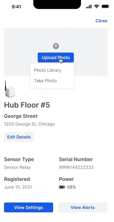screenshot of AlertAQ sensor detail panel. At the top of the screen there is a button that reads 'upload photo'