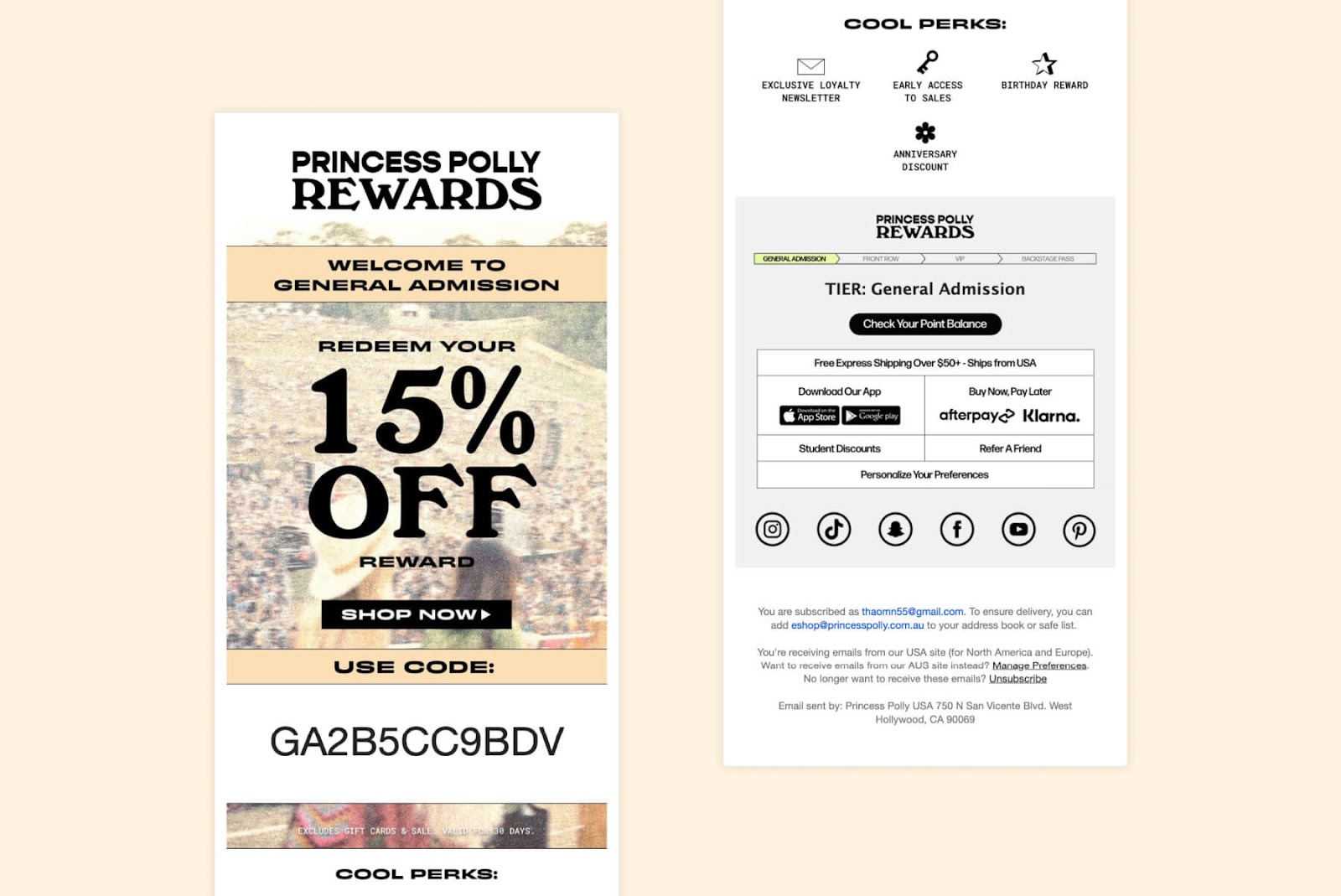 Example of a Princess Polly Rewards email. 