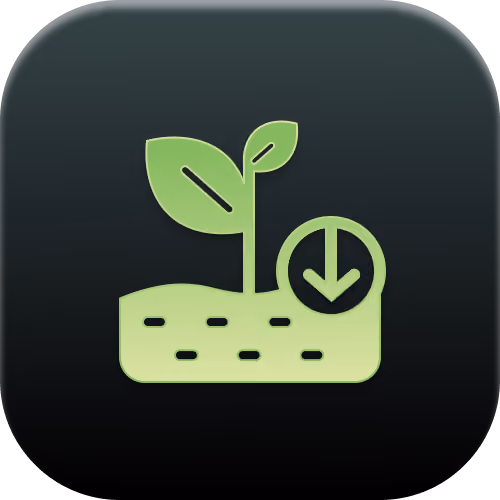 Seedling with downward arrow over soil icon, representing carbon sequestration