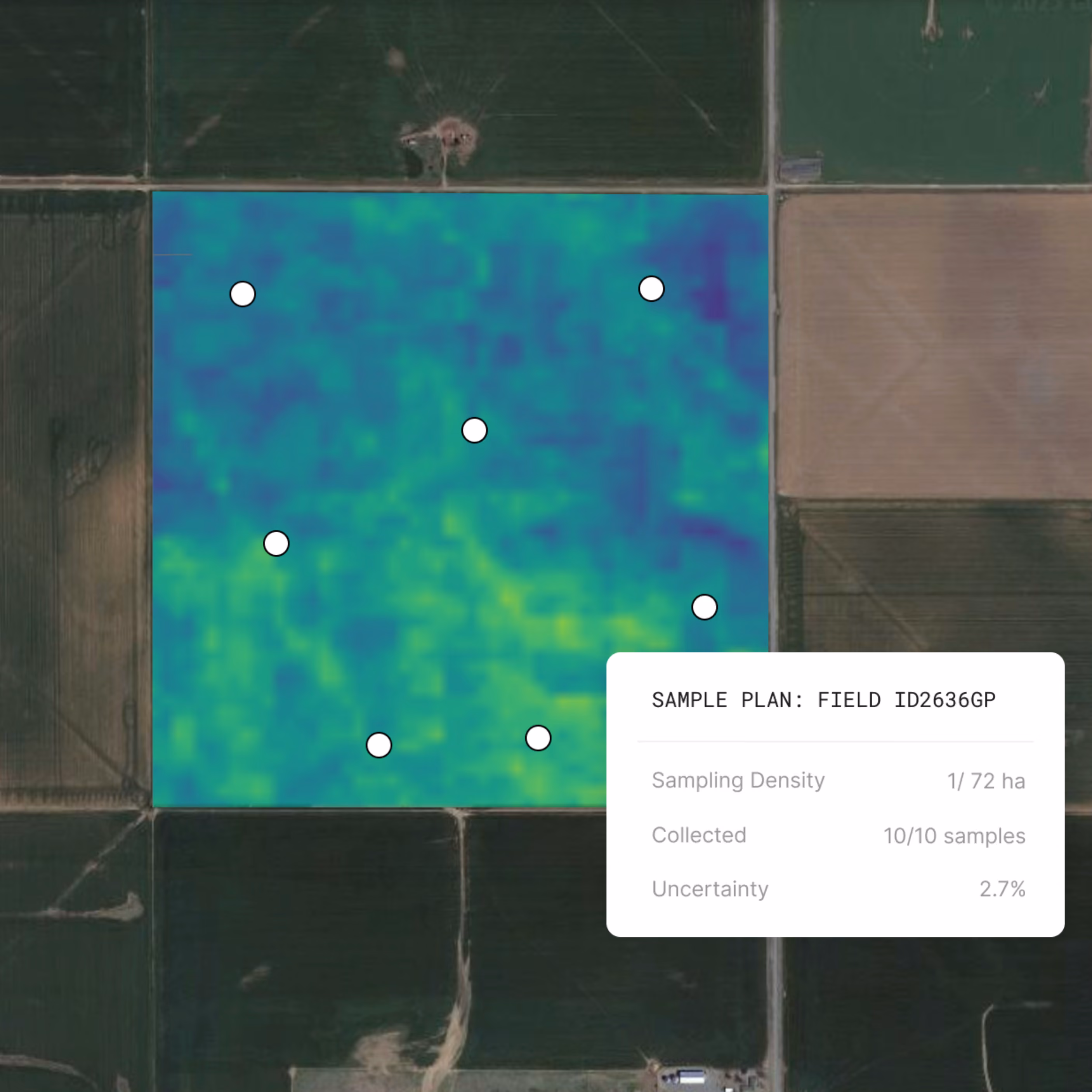 Soil carbon map of a field with sample points and a sample plan card showing 10 of 10 samples collected and 2.7% uncertainty
