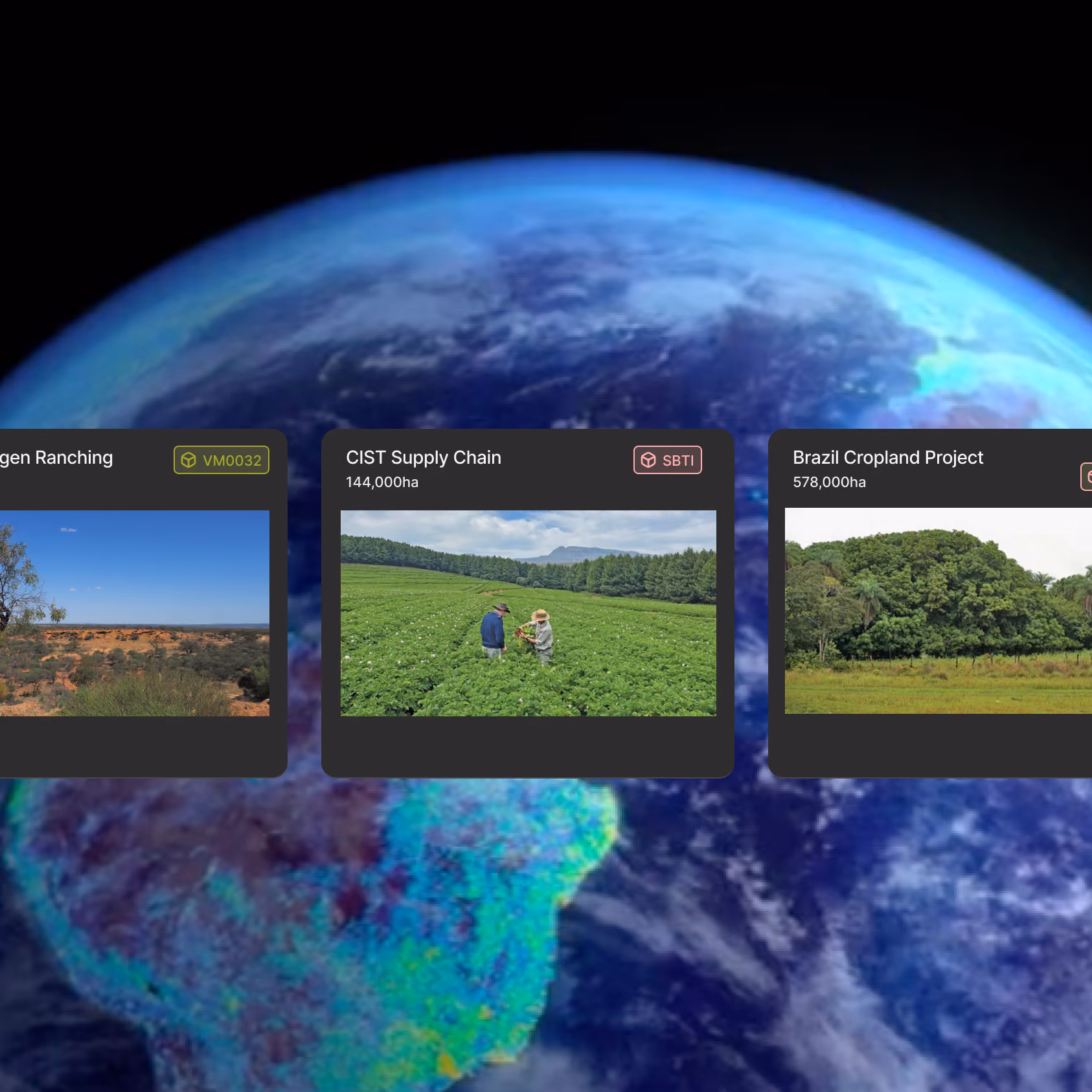 Globe view of Earth with cards showing project fields in regenerative ranching, supply chain and cropland programs