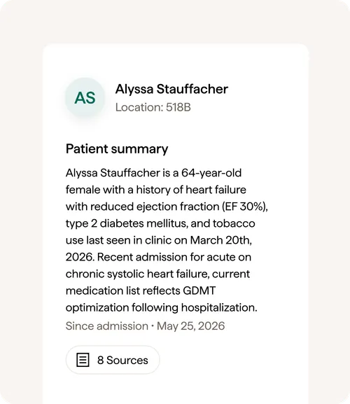 Patient summary for Alyssa Stauffacher, 64, with heart failure, diabetes, tobacco use, and recent hospitalization.