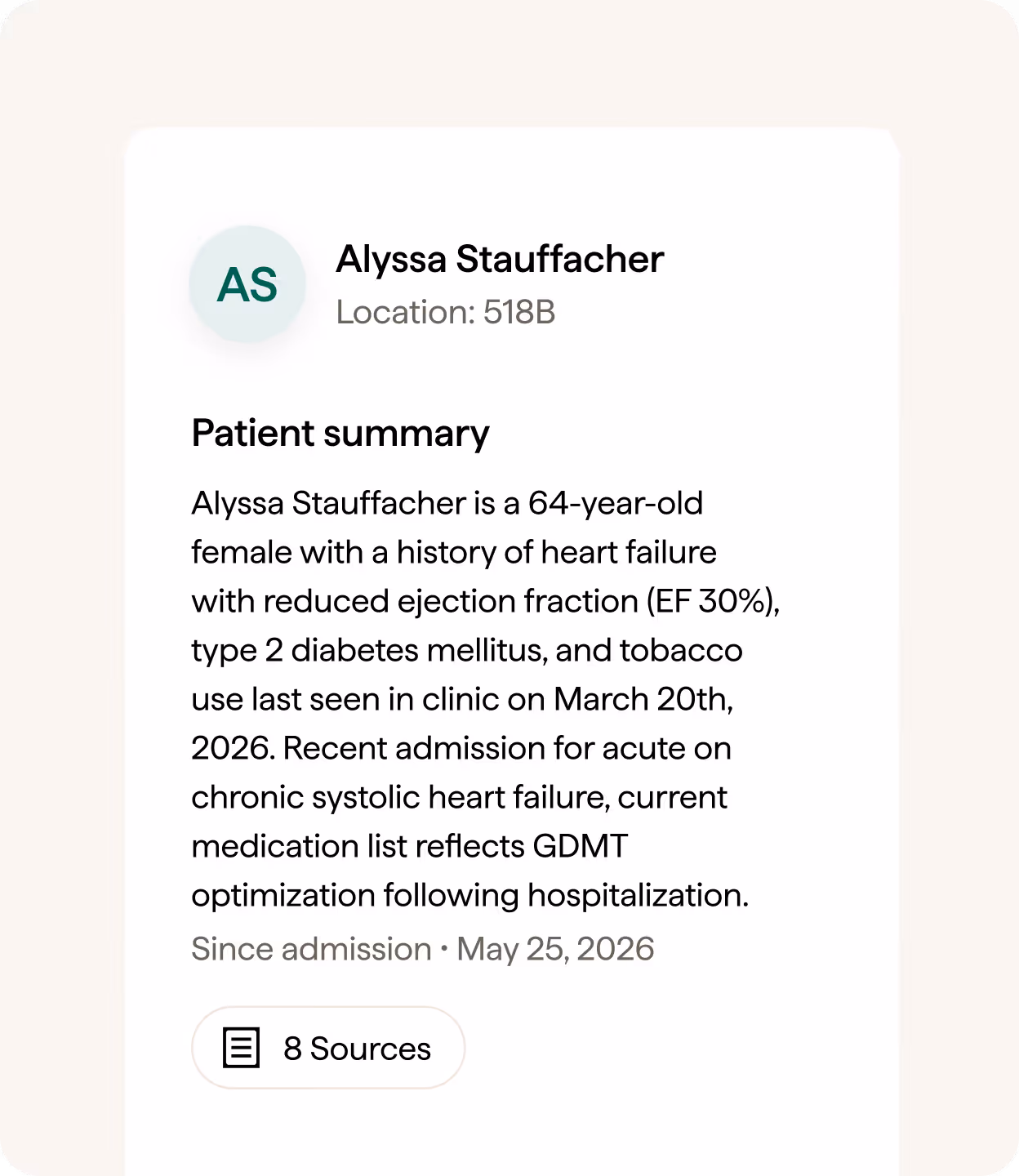 Patient summary for Alyssa Stauffacher, 64, with heart failure, diabetes, tobacco use, and recent hospitalization.