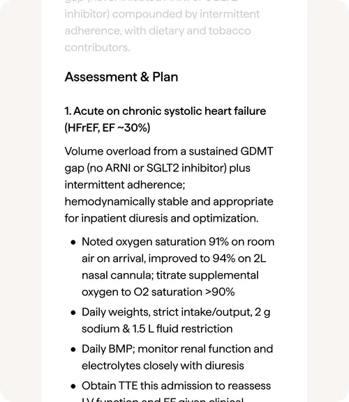 Medical note assessing acute on chronic systolic heart failure with treatment plans and monitoring instructions.