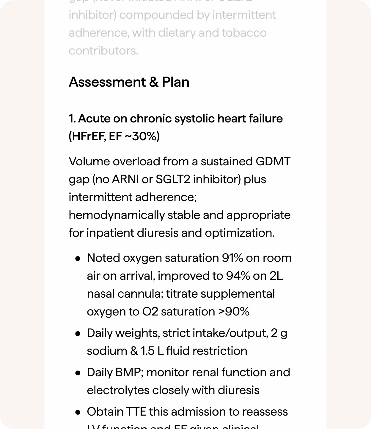 Medical note assessing acute on chronic systolic heart failure with treatment plans and monitoring instructions.