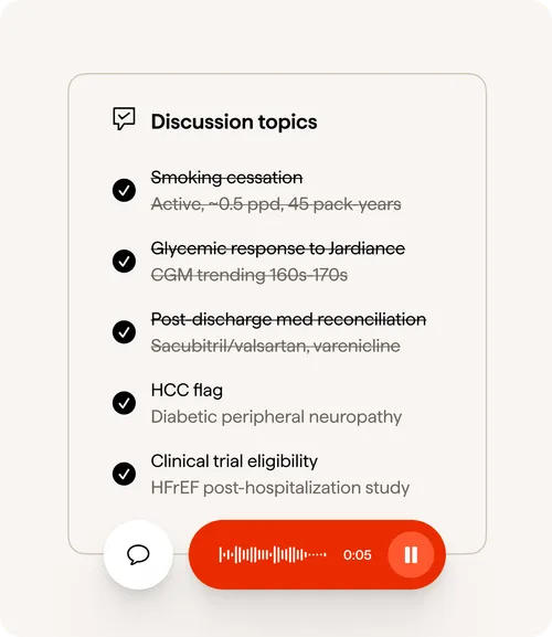 Checklist of discussion topics with completed items and a red audio playback bar at the bottom.