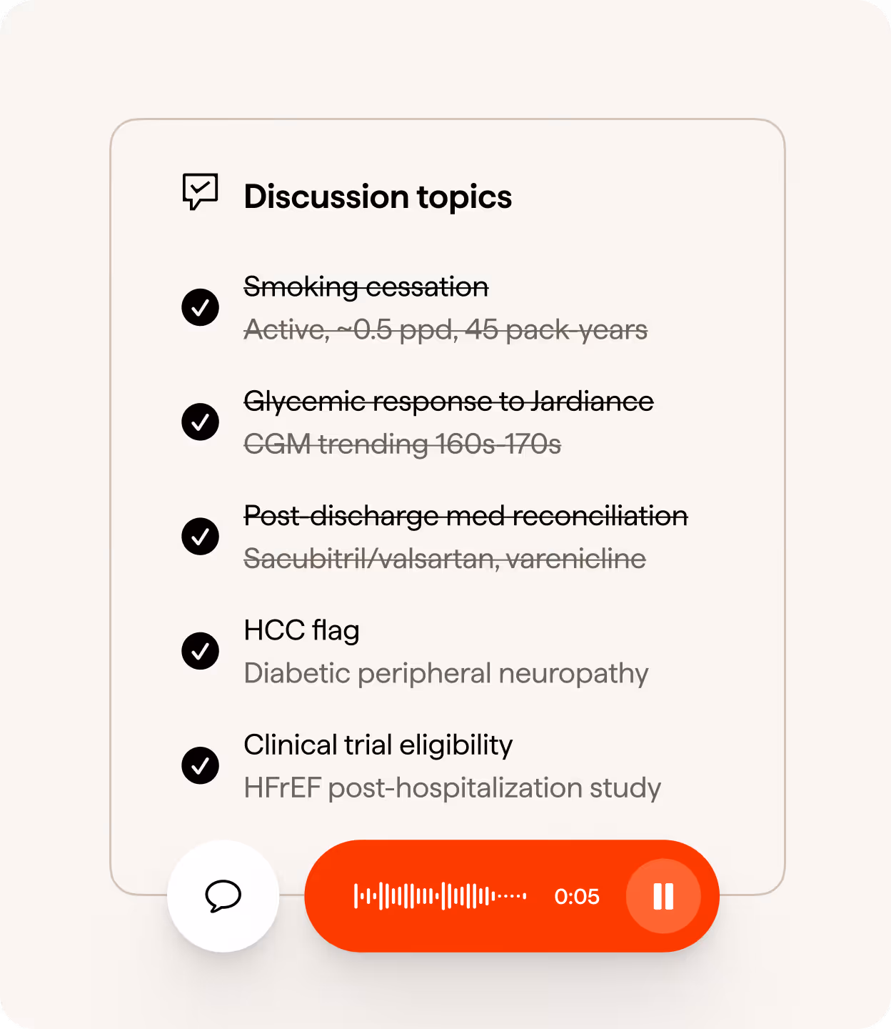 Checklist of discussion topics with completed items and a red audio playback bar at the bottom.