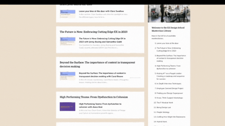 A scrolling carousel of the masterclass library page 