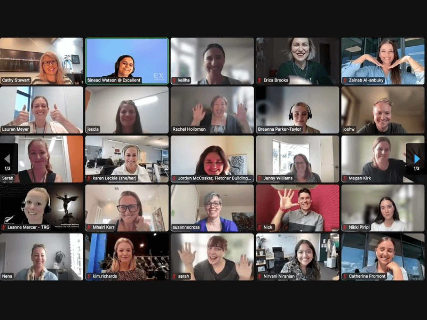 A grid image of community members smiling on a live event zoom 
