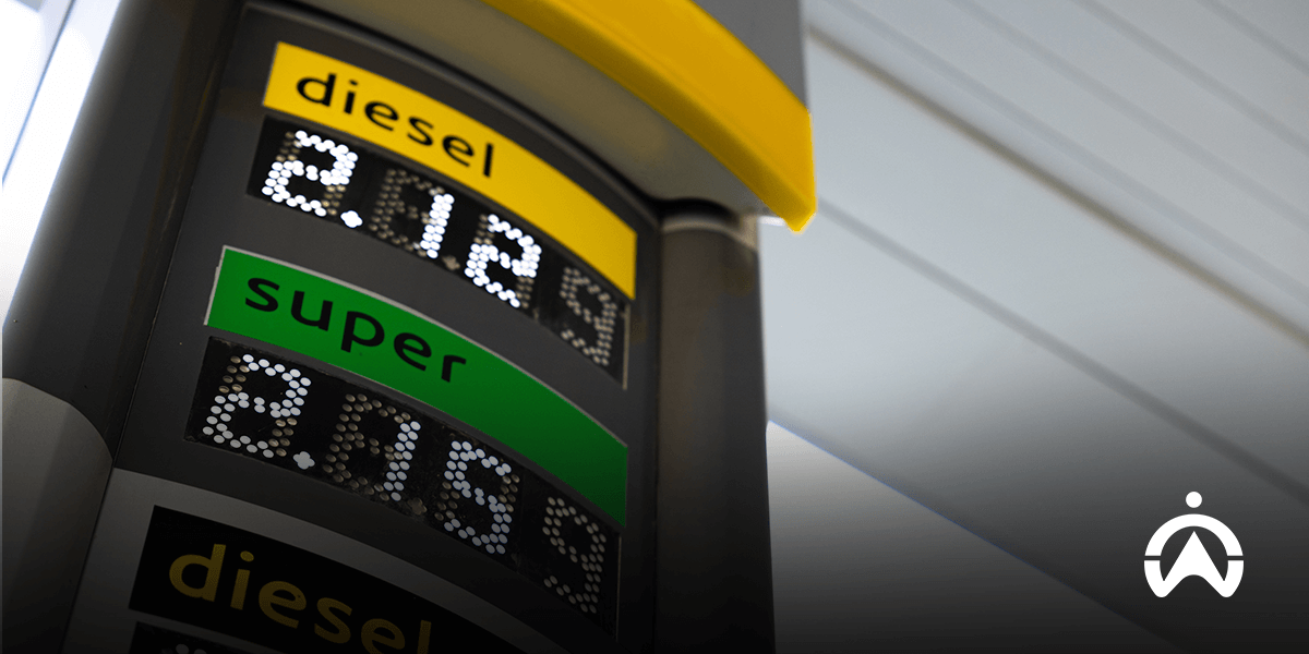 Fuel price display showing diesel at €2.12 and super at €2.19, with a sleek, modern design.
