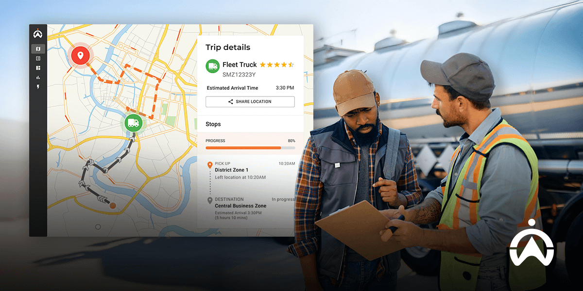 Fleet managers using Cartrack's heavy vehicle tracking system to monitor route progress and estimated arrival times on a live map.
