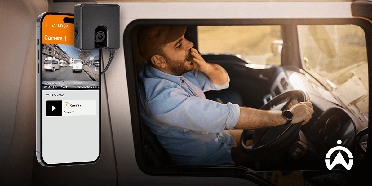 Cartrack heavy vehicle tracking system showing in-cabin AI camera footage detecting driver fatigue to enhance road safety.