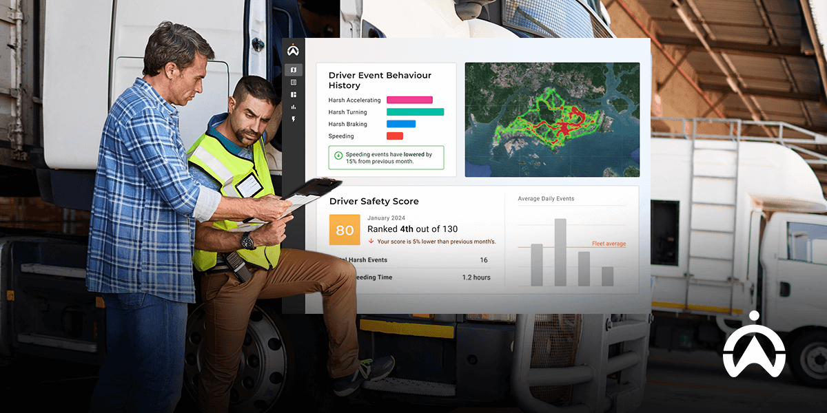 Cartrack AI Camera System showing driver behaviour analytics and safety scores on digital dashboard.