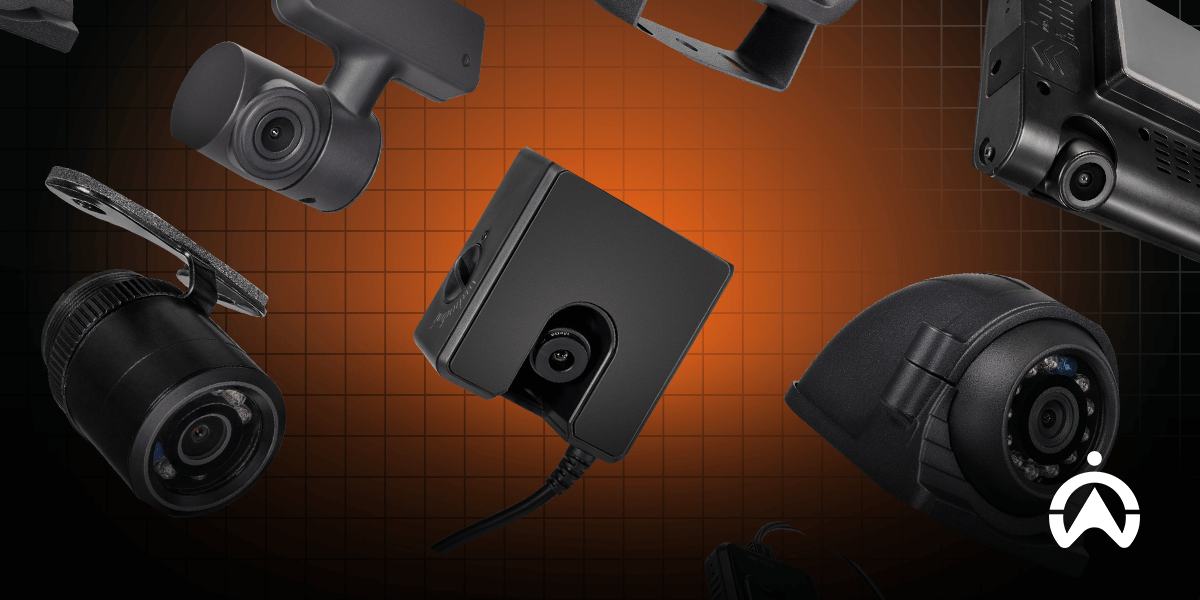 Cartrack AI Camera System with black car cameras and accessories on orange background.