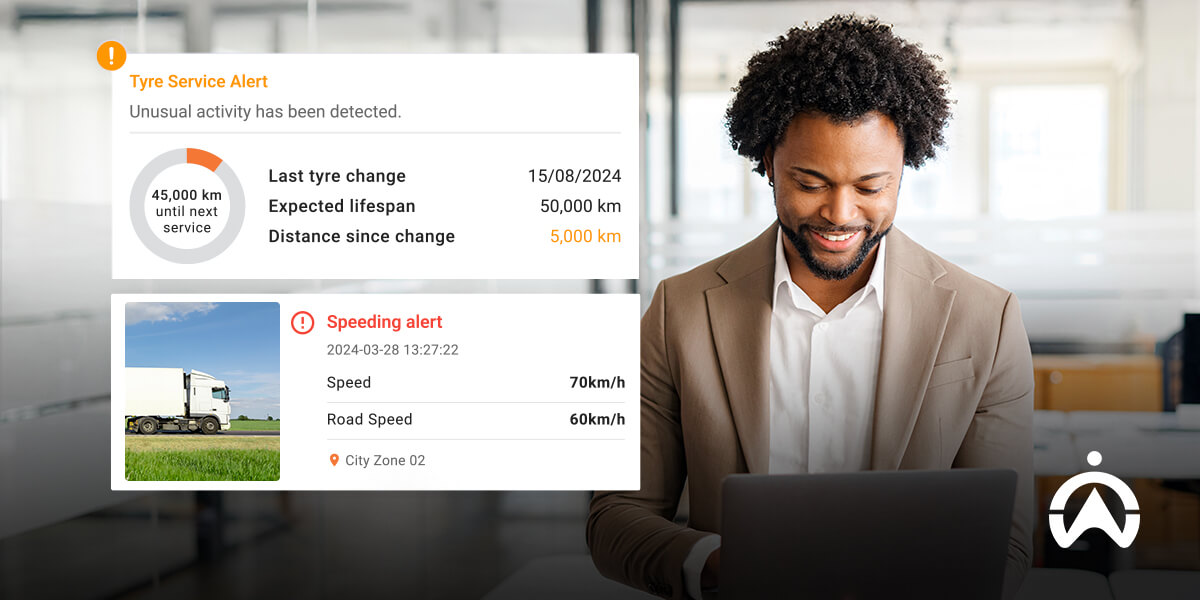 Cartrack advanced fleet management features showing tyre service and speeding alerts on laptop.