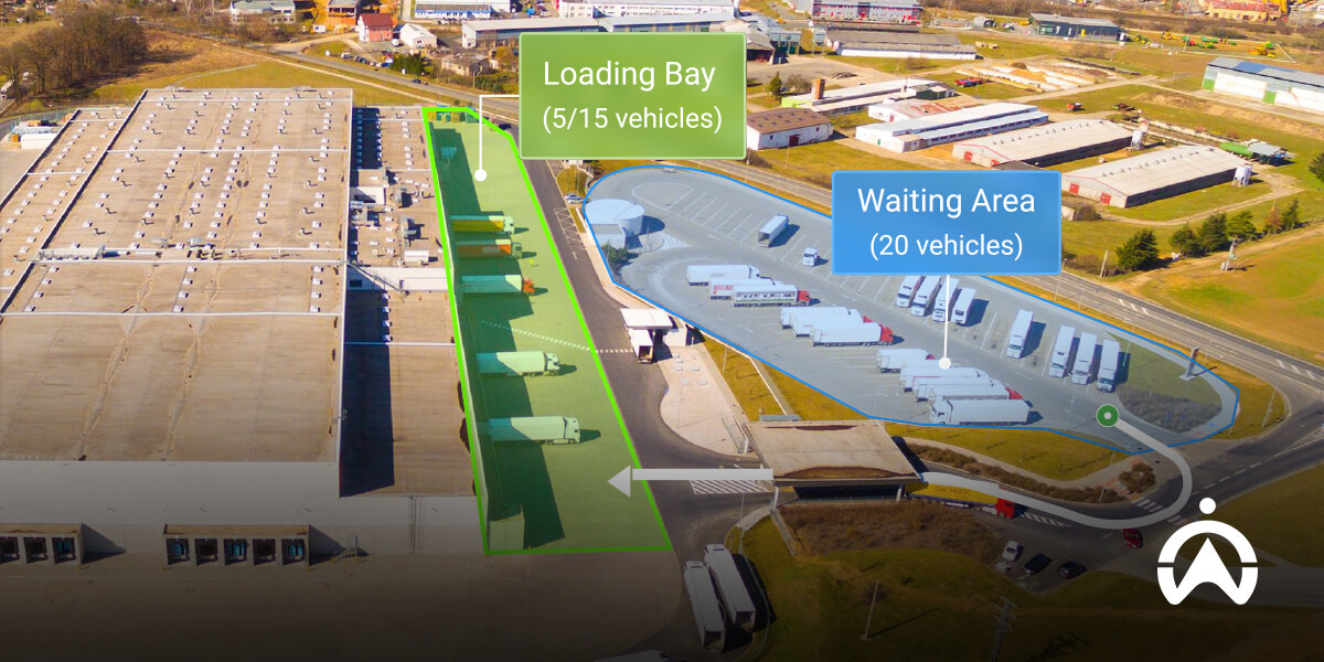 Cartrack vehicle monitoring systems overseeing logistics center with loading bay and trucks.
