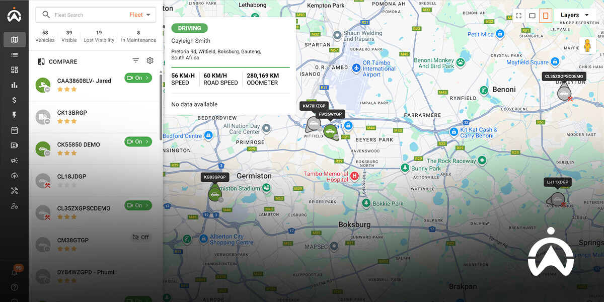 Cartrack fleet tracking interface showing vehicle locations, speeds, and driver details in Gauteng.