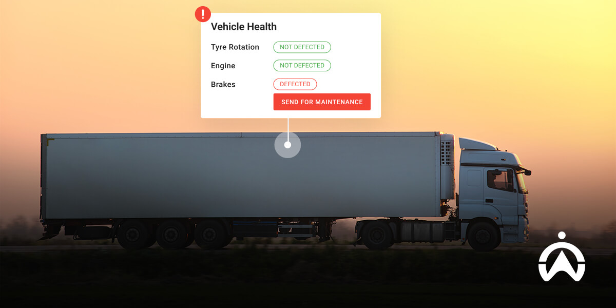 Cartrack GPS fleet tracking solutions showing truck health report with maintenance alert at sunset.