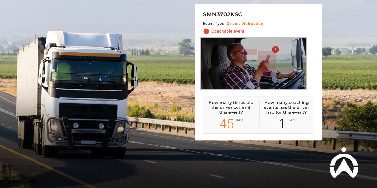A large truck drives on a highway with fields in the background, displaying data on driver distraction and coaching events.