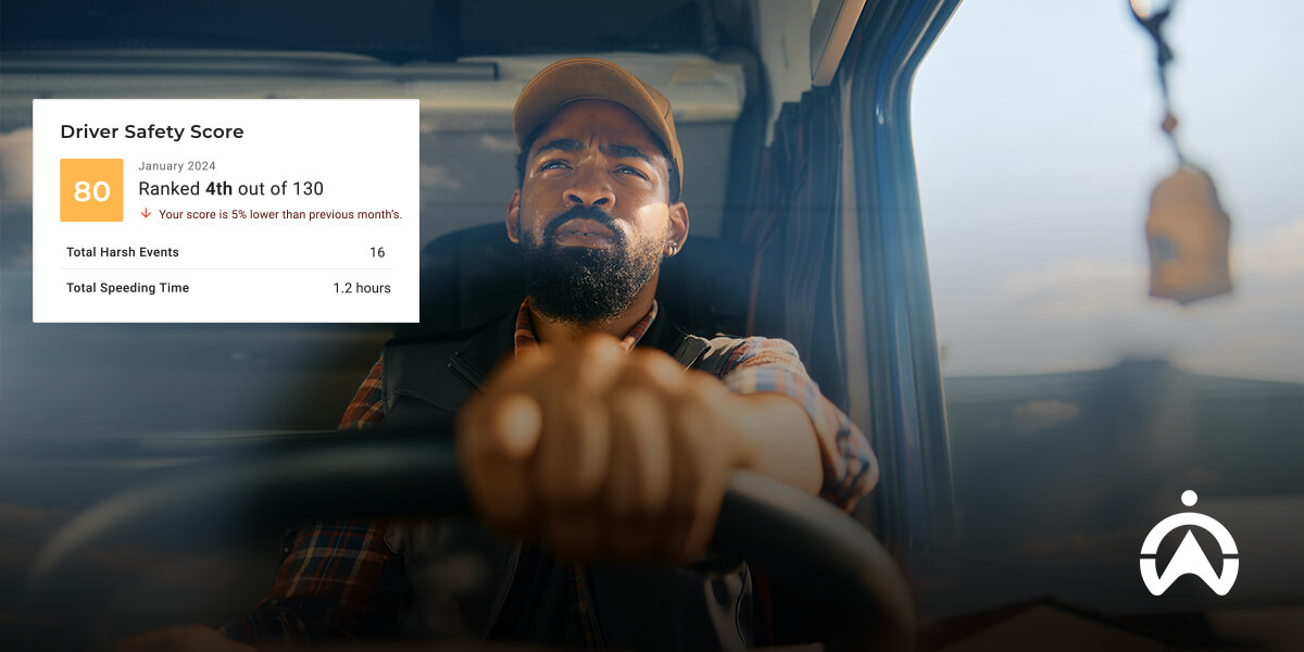 Cartrack showing what is a good fleet car with driver at wheel and January 2024 safety score glowing on dash.