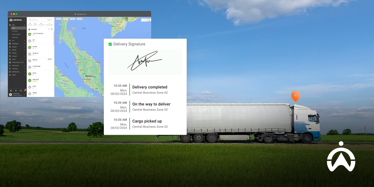 Cartrack delivery driver management software showing truck on road with delivery status and map location.