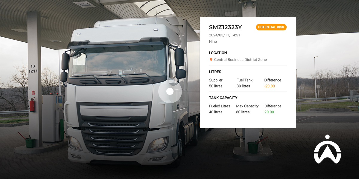 A Hino truck refuels at a station, displaying fuel metrics like supplier litres, tank capacity, and a potential risk alert.
