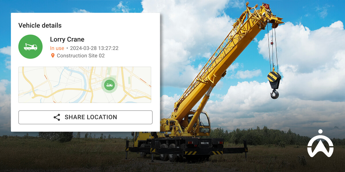 A yellow lorry crane in a construction site, with details overlay including location, date, and sharing options.