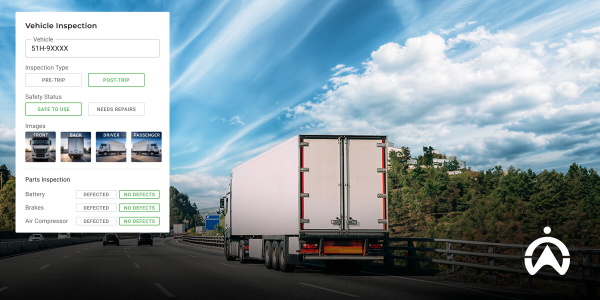 Image of a truck on the highway with a vehicle inspection dashboard displaying inspection details and defect statuses. Blue skies above.