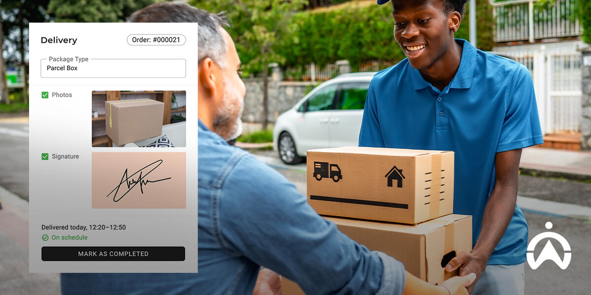 Cartrack delivery management software for small businesses showing order details as a courier hands a parcel to a customer.