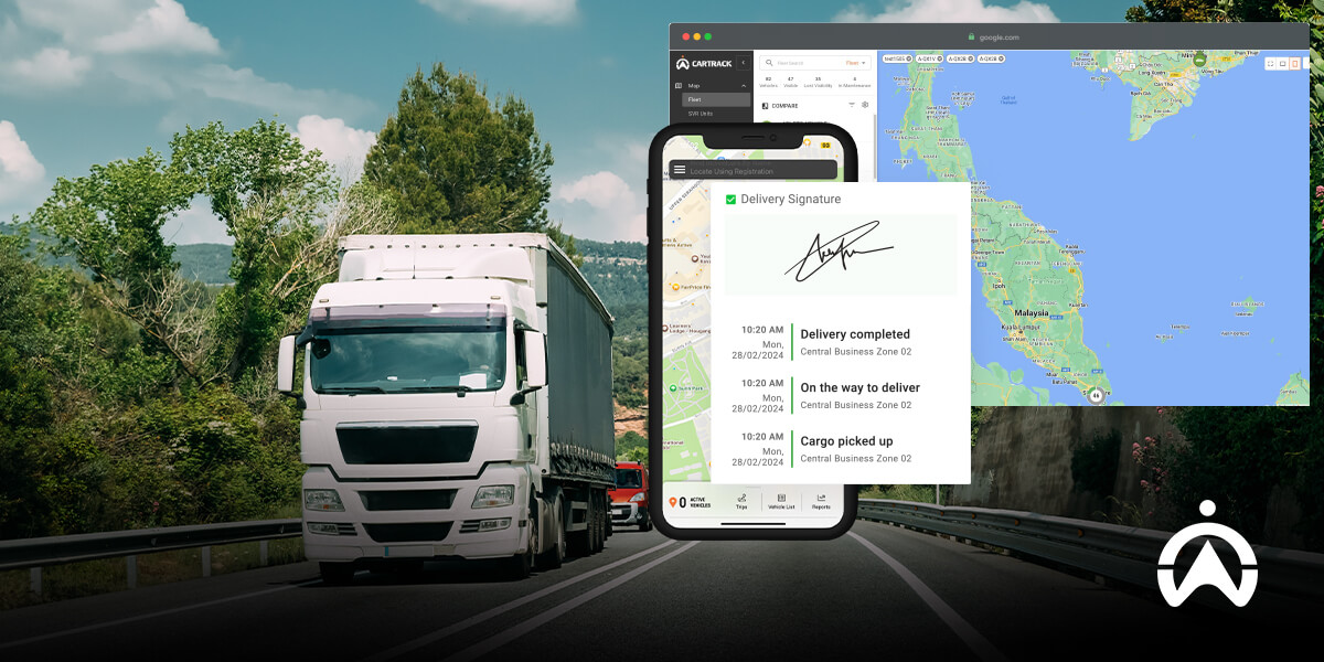 Cartrack app showing truck deliveries on highway, highlighting advantages of GPS technology.