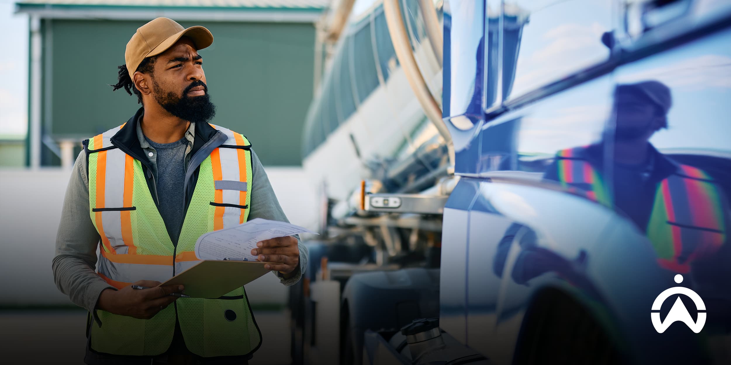 Worker inspecting fleet vehicle with checklist, showing practical fleet maintenance tips.