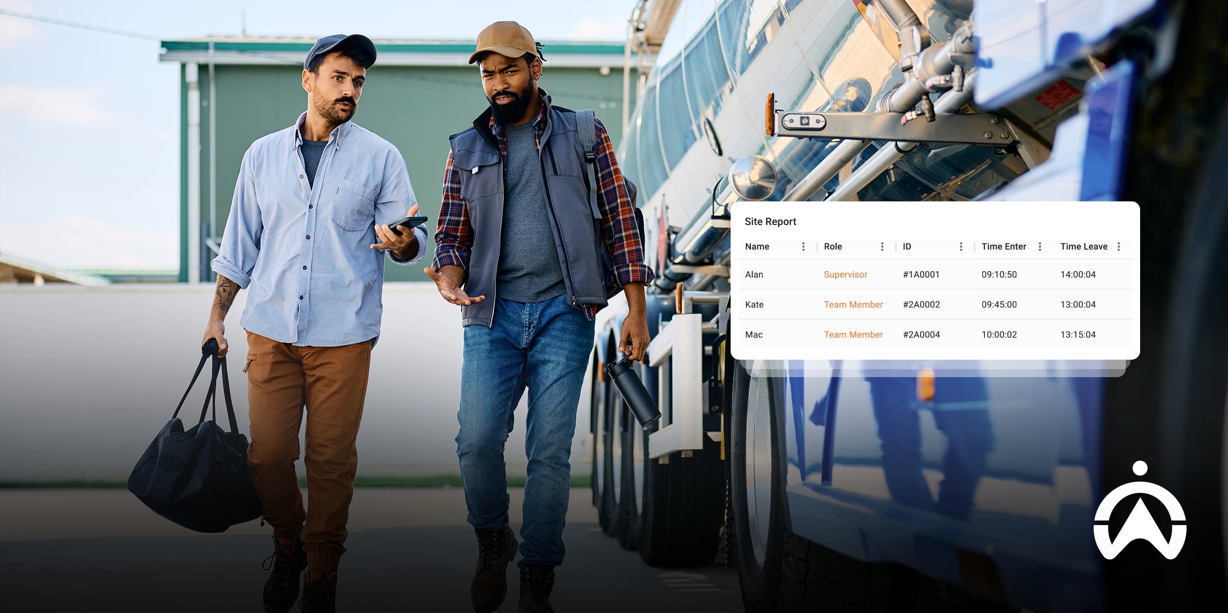 Team approaching truck while reviewing site report using custom fleet management software.