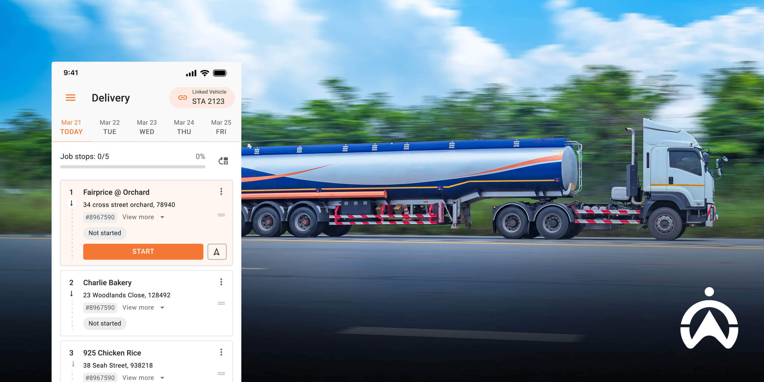 A Cartrack delivery app interface displays job details alongside a motion-blurred truck transporting a tank on a highway.