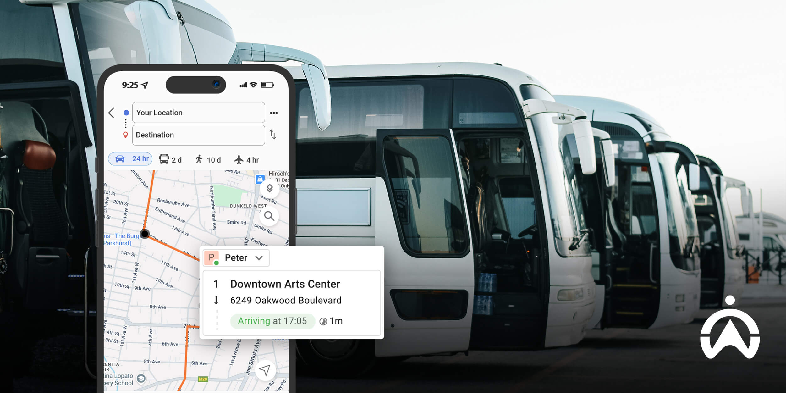 Smartphone showing bus tracking and arrival times powered by tourism fleet management.
