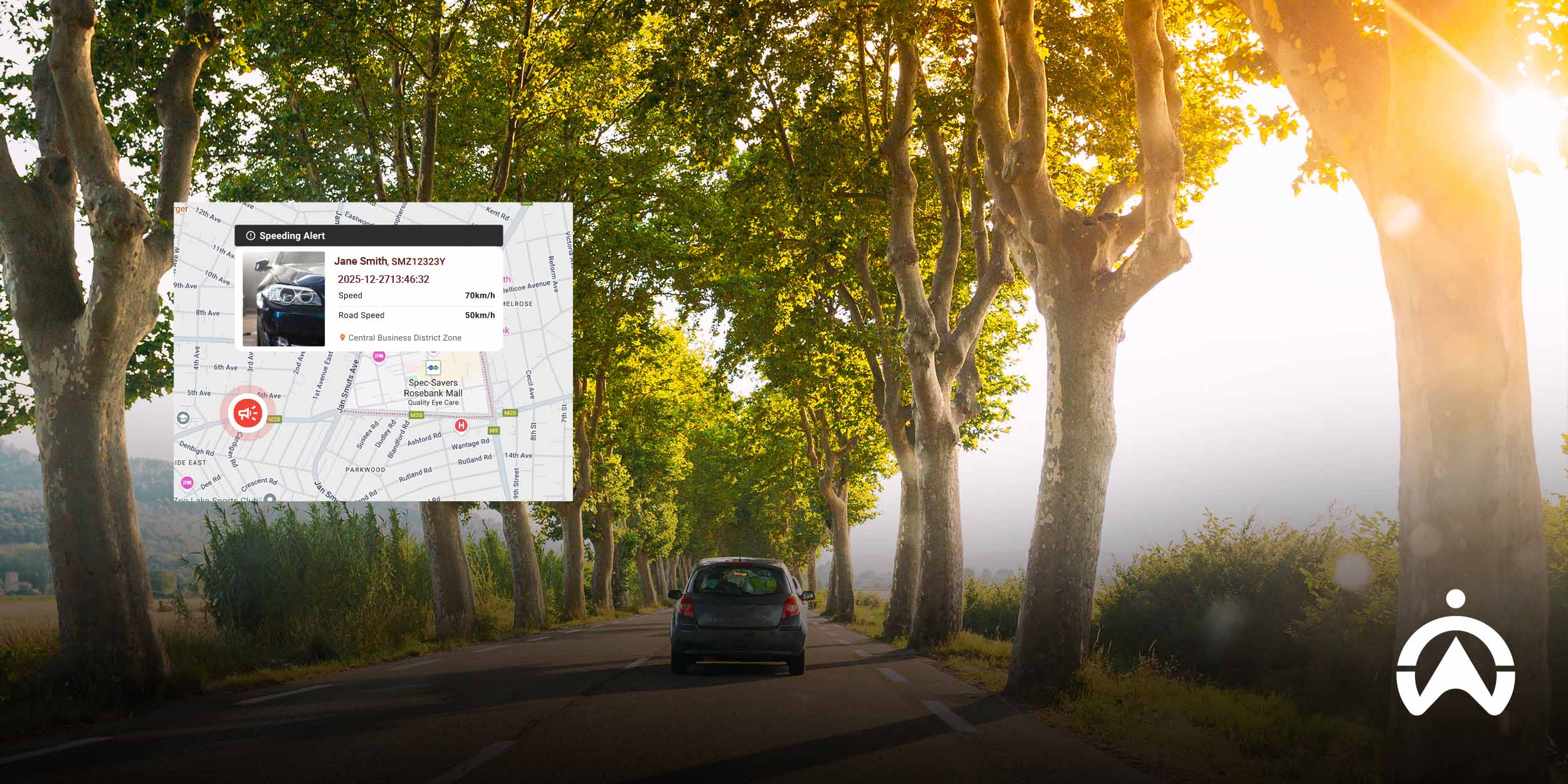 A car driving on a tree-lined road at sunset with a digital twin map overlay showing a speeding alert for fleet management monitoring.