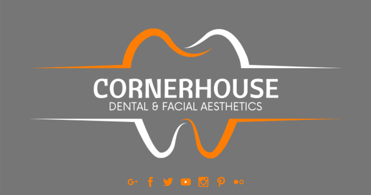 Cornerhouse Dental & Facial Aesthetics logo featuring stylised tooth outline in orange and white on grey background, with social media icons below.