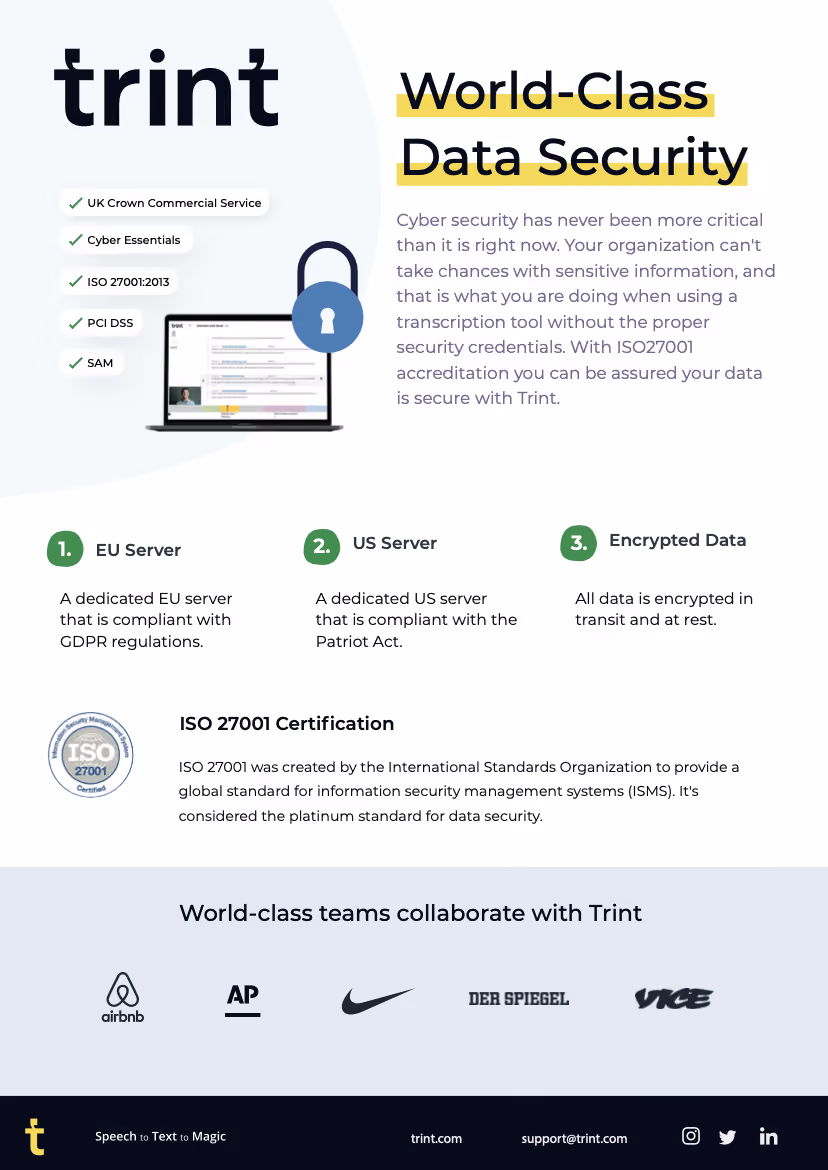 Online security has never been more important. Discover how Trint handles your files with world-class security measures.