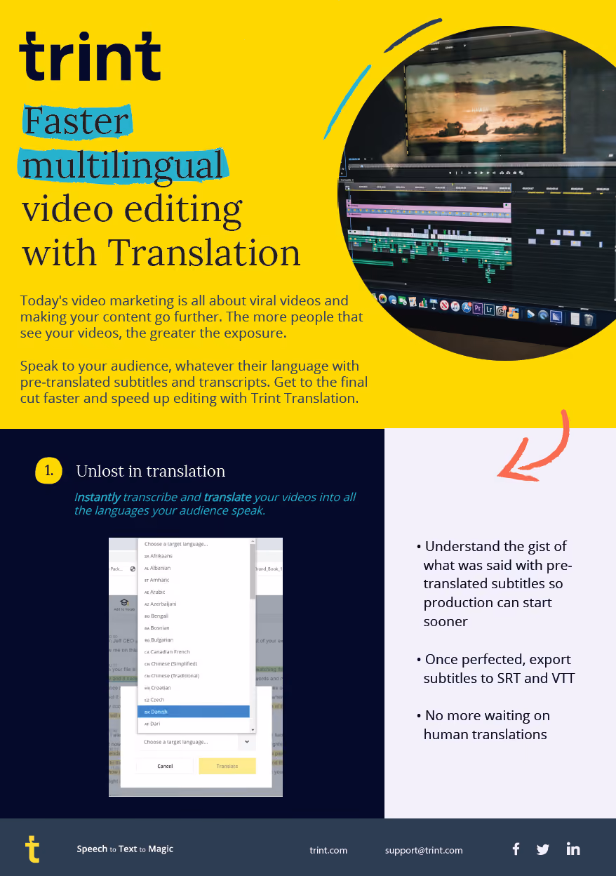 Speak to your audience, whatever their language wih pre-translated subtitles and transcripts. Get to the final cut faster with Trint Translations.