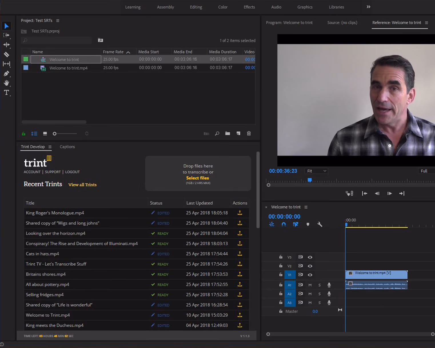 Our free Premiere Pro subtitles integration lets users send Adobe Premiere Pro files to Trint to be transcribed, with subtitles generated in seconds.