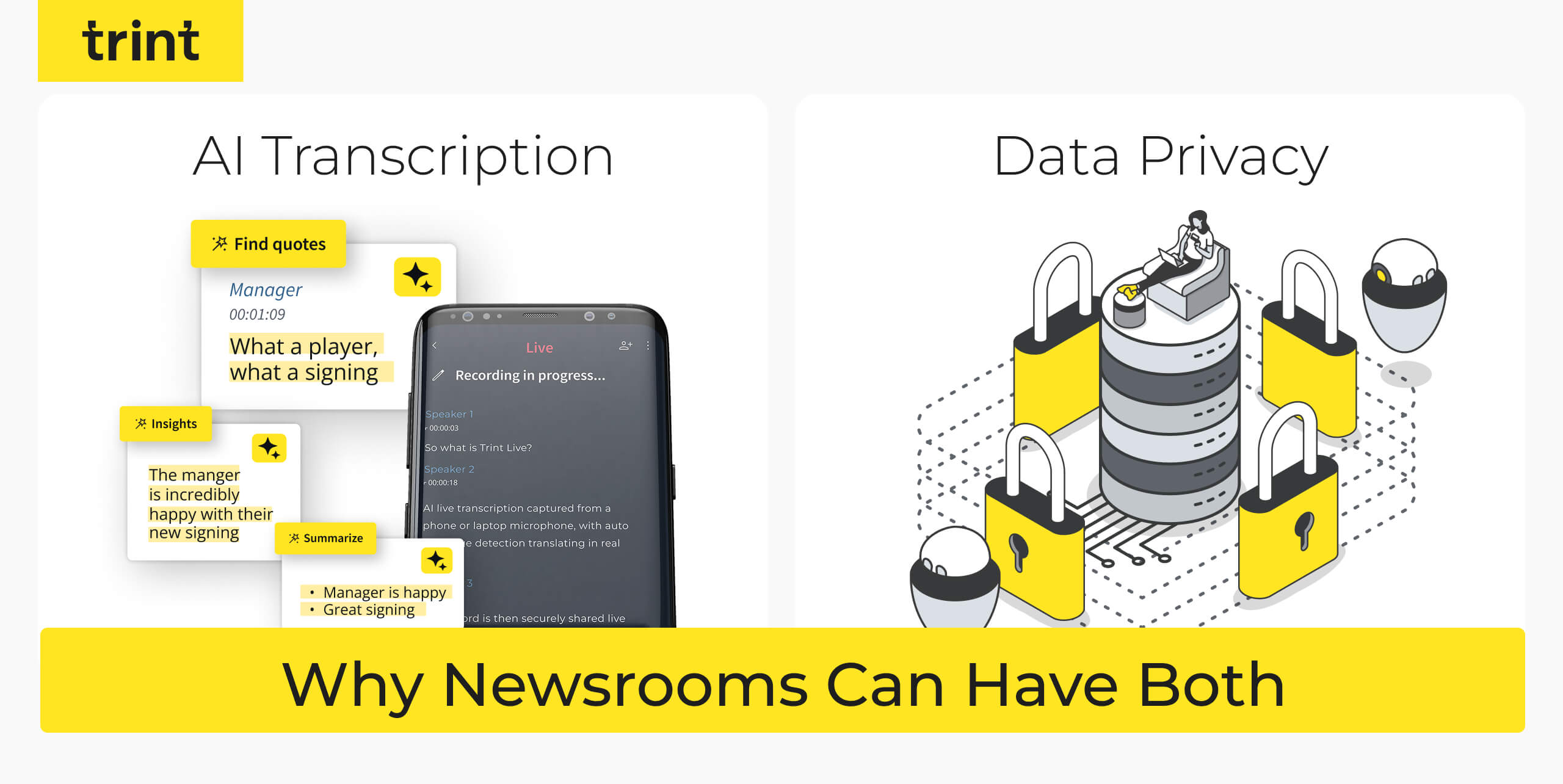 The Public Media Alliance (PMA) and University of Edinburgh’s new report, ‘PSM and AI’, suggests many AI transcription tools present a real danger for data privacy. But solutions like Trint have measures to avoid putting sensitive information at risk.
