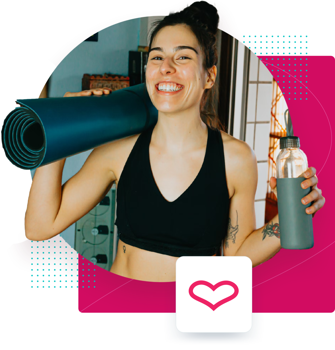 Woman with yoga mat smiling