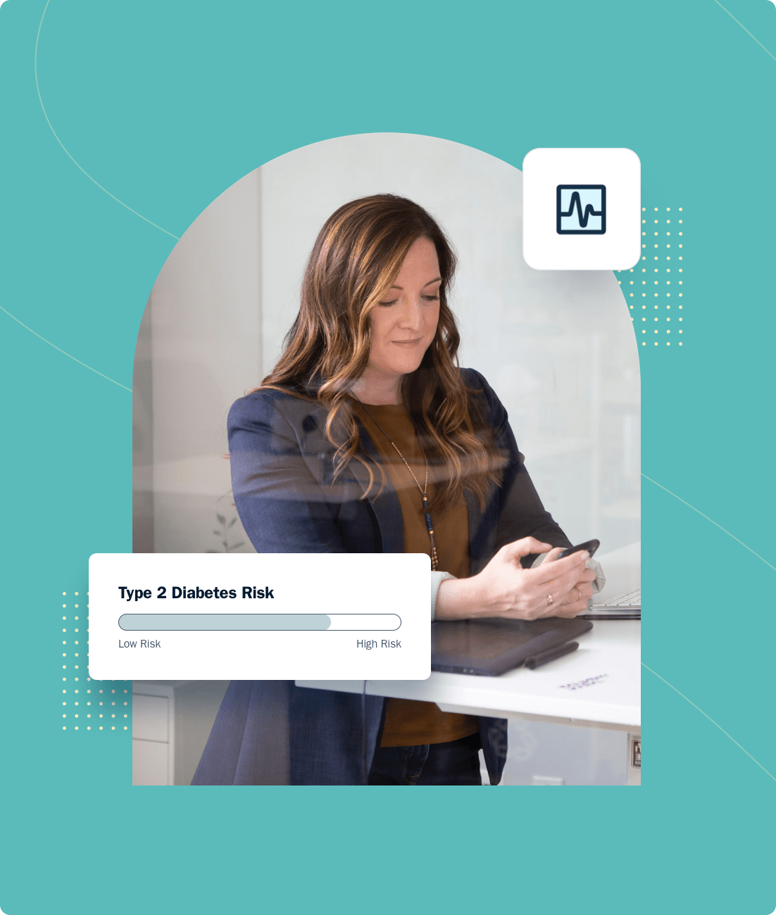 Woman checking Wellworks For You application displaying her diabetes risk