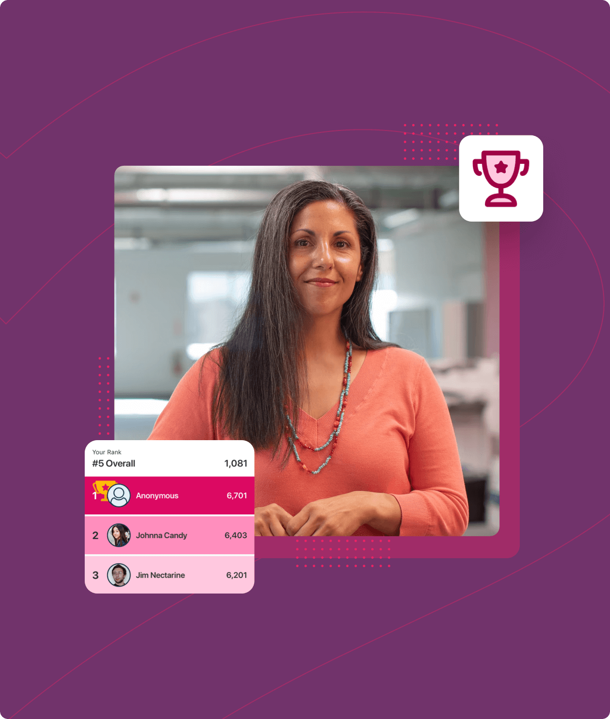professional woman with snapshot of Wellworks app UI displaying wellness challenge rank