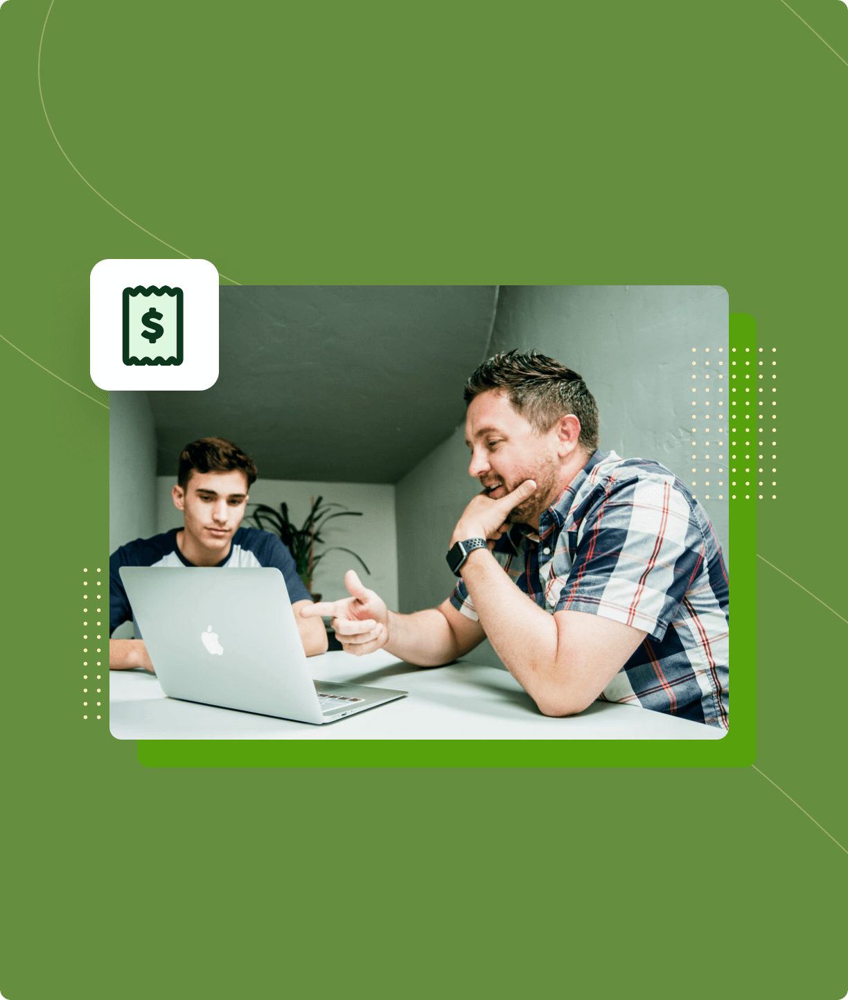 Sales person making a pitch, pointing at computer screen