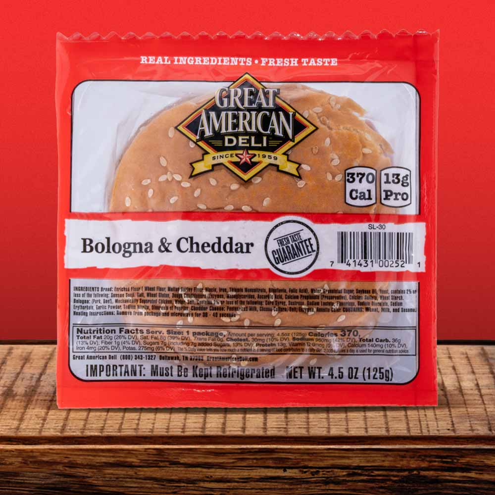 Pre-packaged Bologna & Cheddar on a bun.