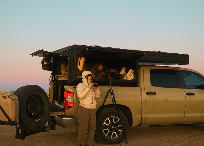 birdwatching in a truck camper