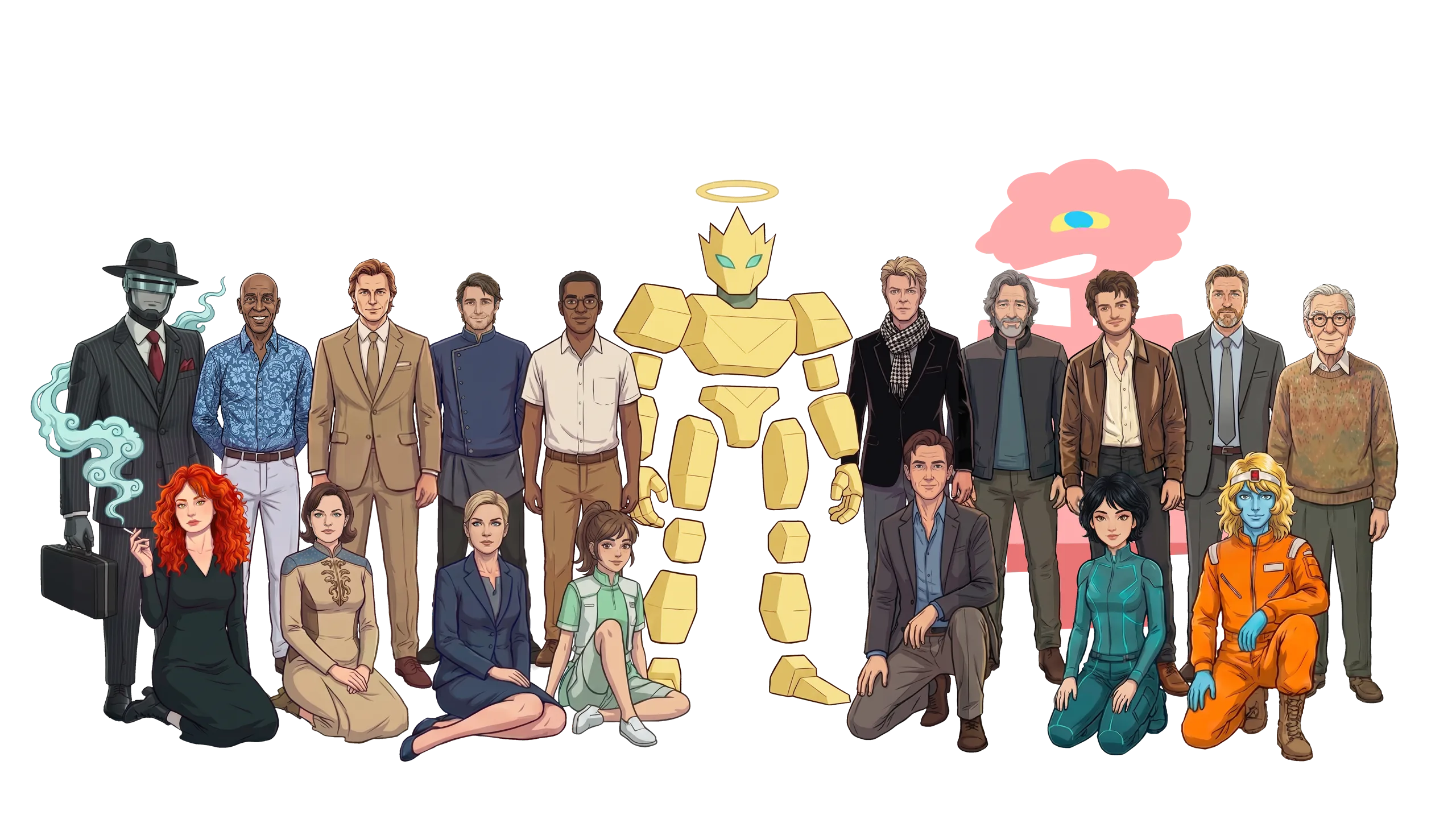Twenty AI agents, each with a distinct personality, posed as a group portrait