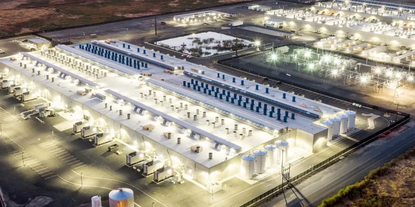 A view of a data center during late evening